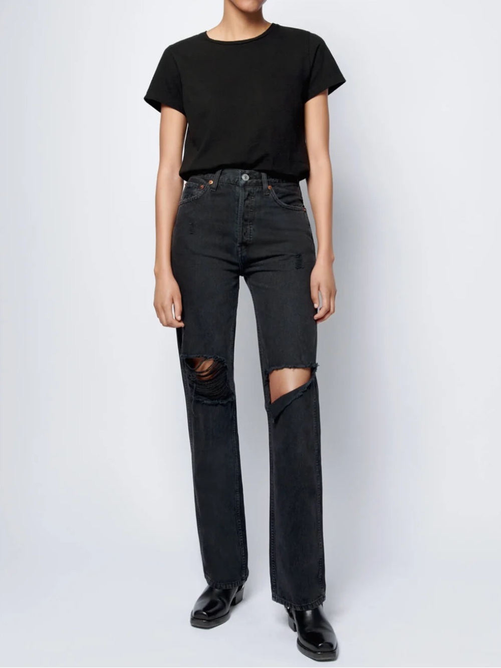 RE/DONE HIGH RISE LOOSE in WASHED BLACK WITH RIPS Size 26 Straight 90’s Style
